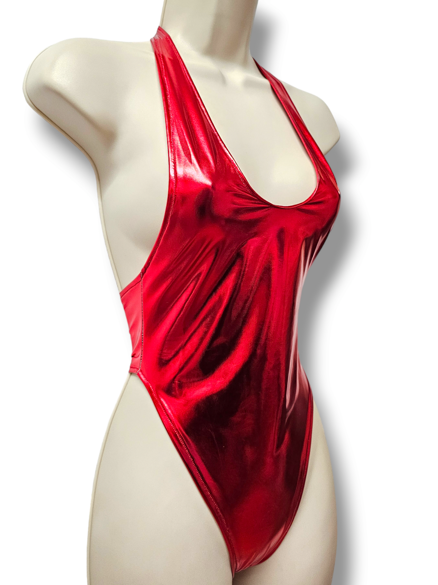 Red Metallic Halter Bodysuit