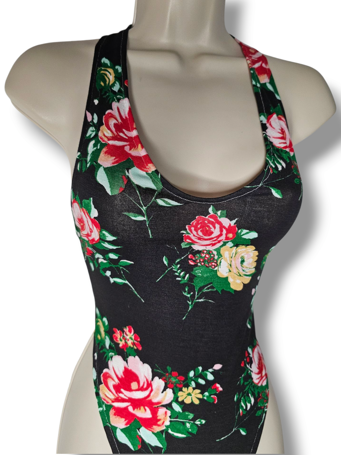 Black Bodysuit Rose Floral Print