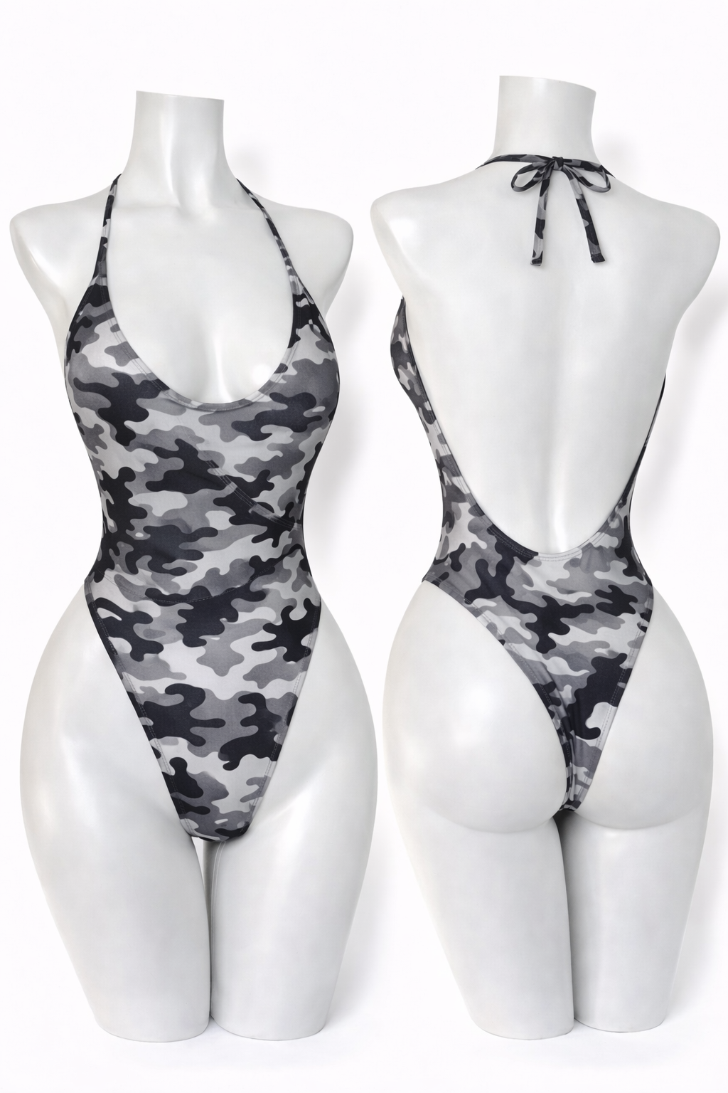 Grey Camo Plunge Thong Bodysuit