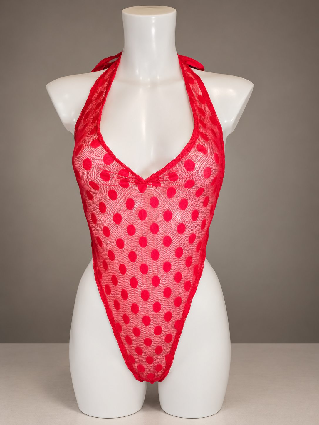 Red Hot Polka Dot Sheer Halterneck Bodysuit