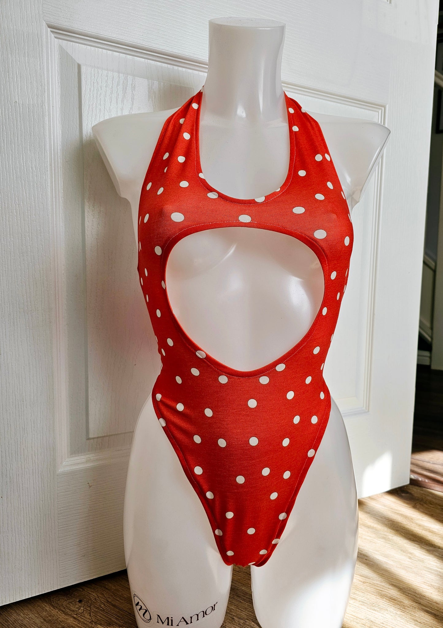 Red Polka-dot Open Front Bodysuit