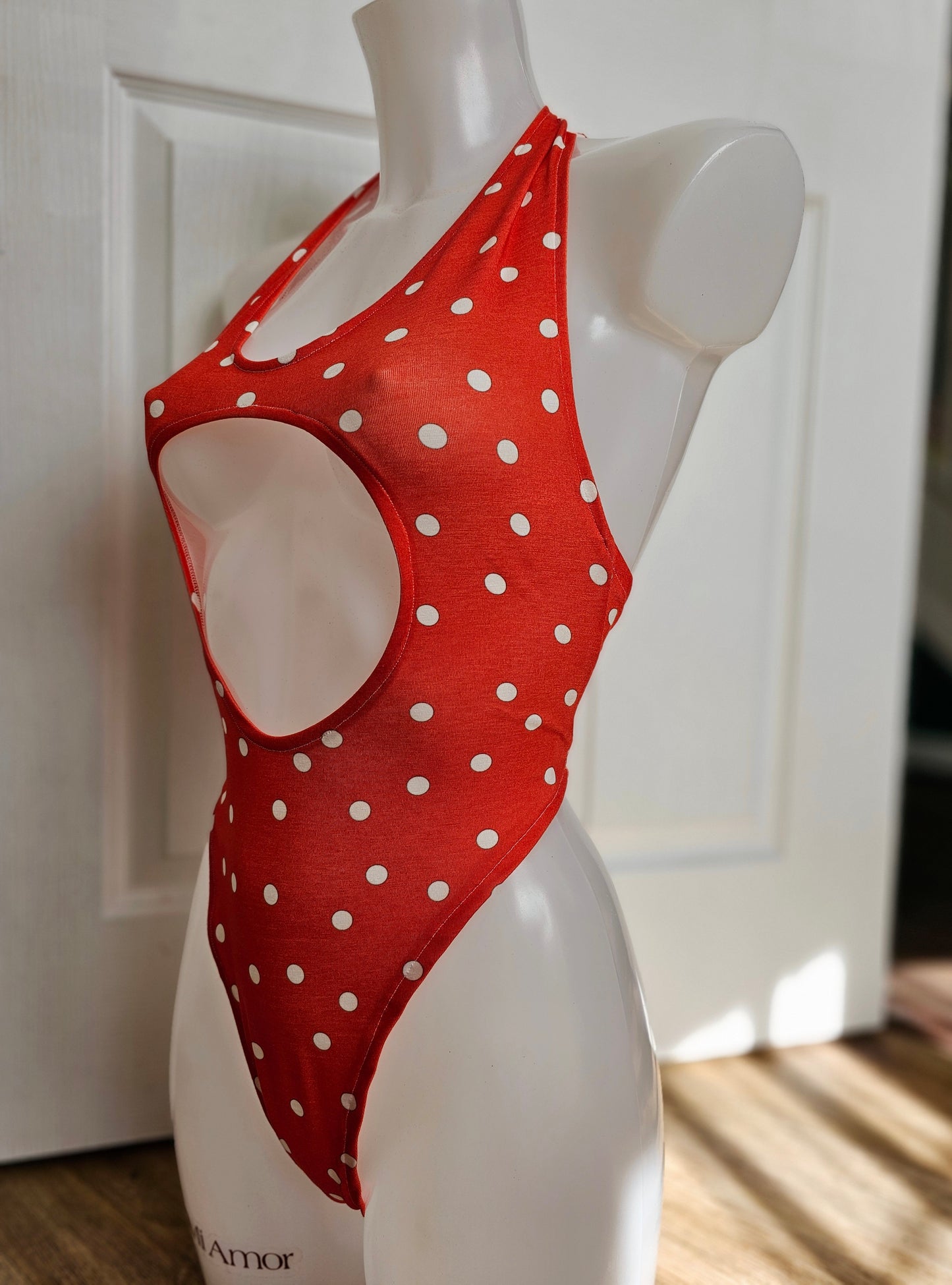 Red Polka-dot Open Front Bodysuit