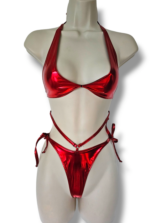 Seduction Metallic Red Bikini Style Lingerie Set