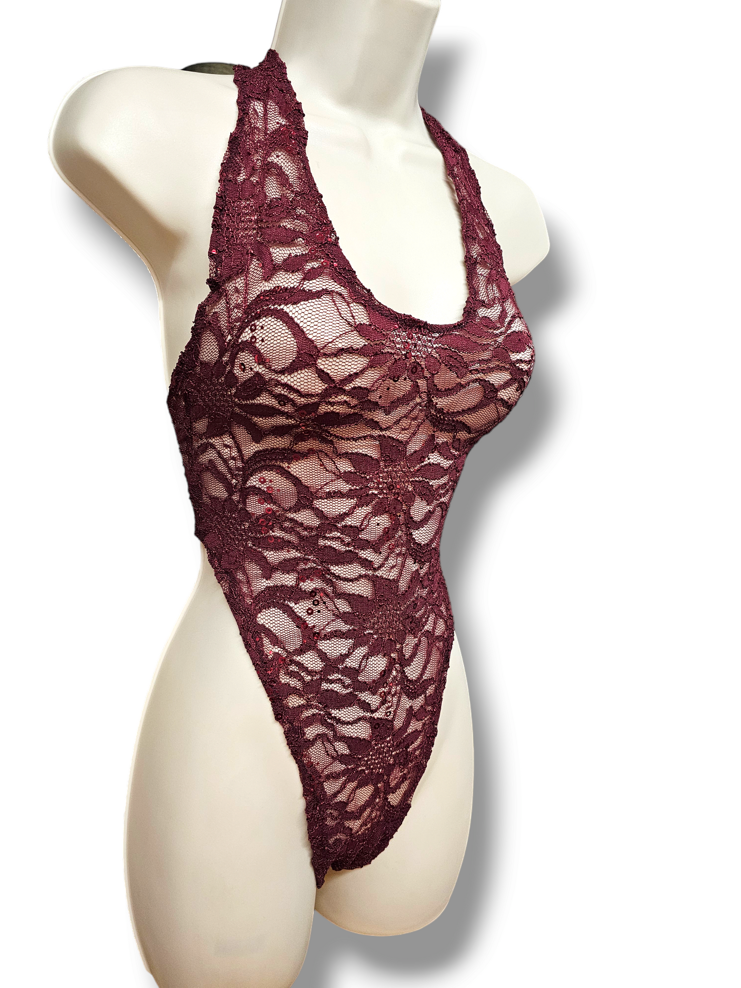 Burgundy Lace Sequin Bodysuit