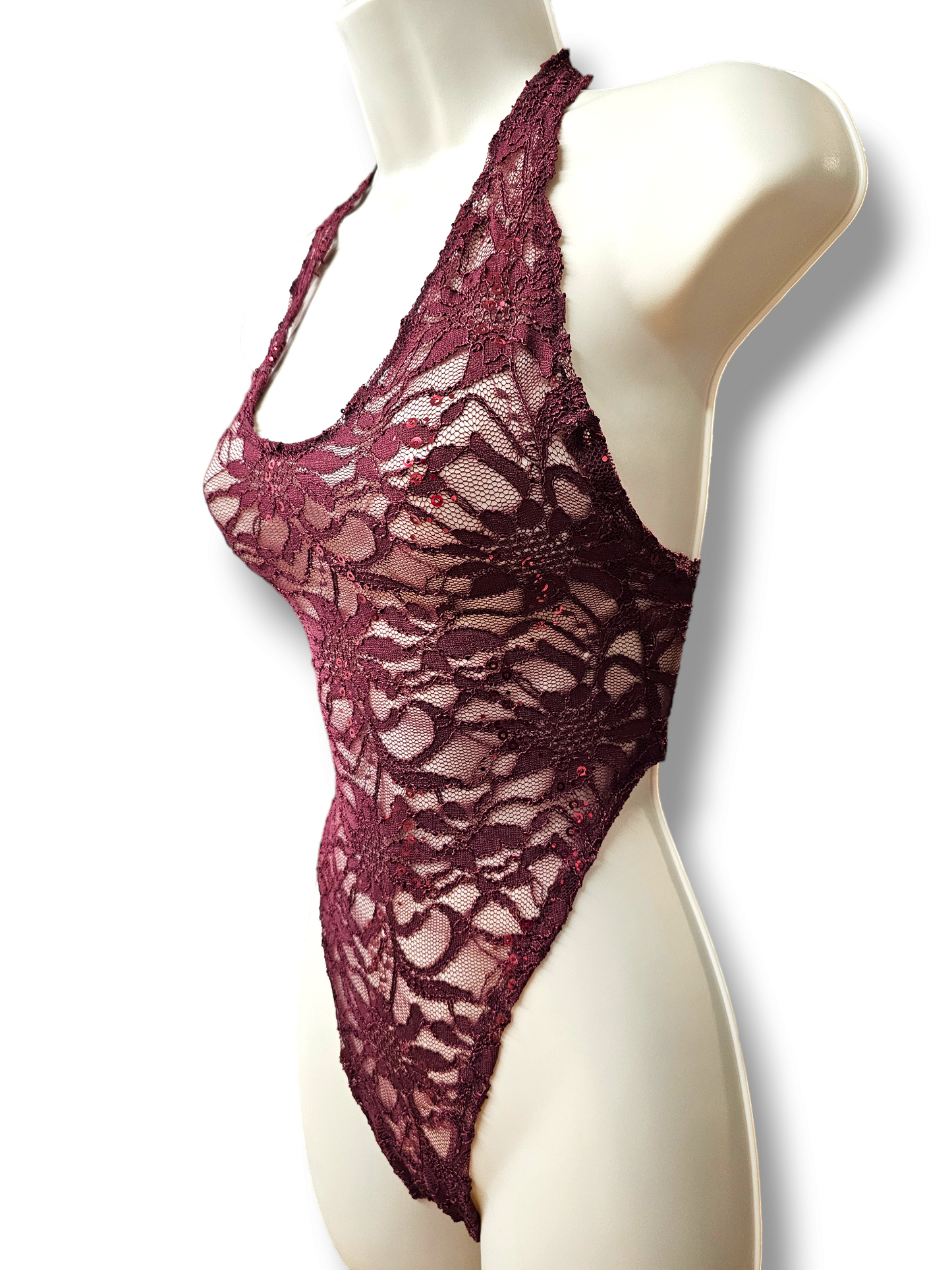 Burgundy Lace Sequin Bodysuit