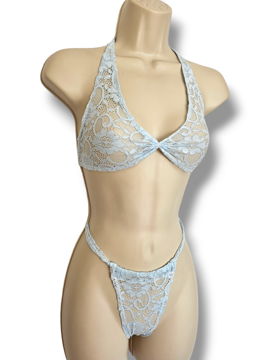 Oh So Sheer Light Blue Floral Lace Lingerie Set