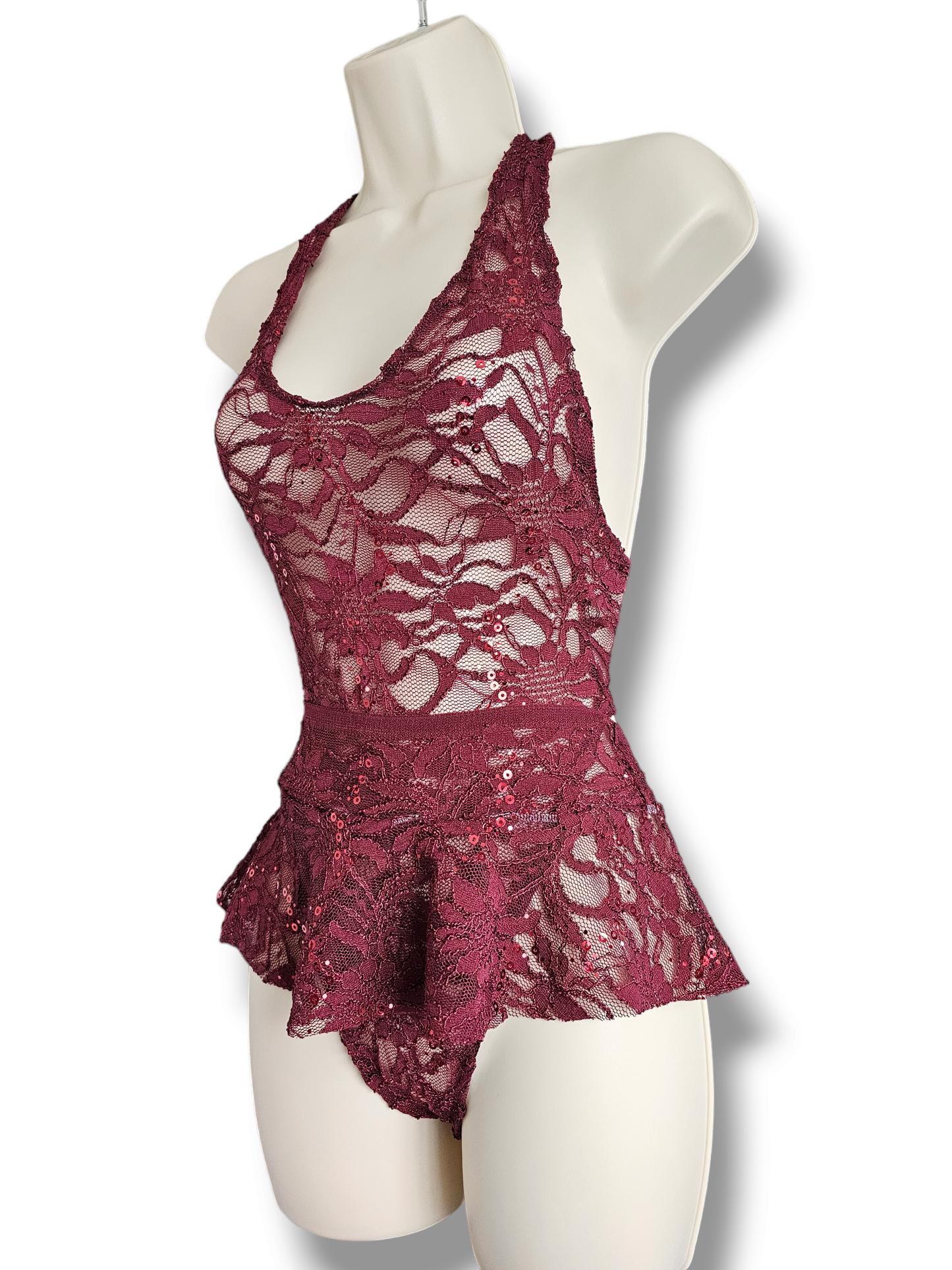 Burgundy Lace Sequin Bodysuit