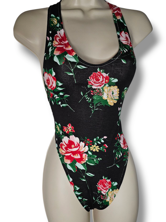 Black Bodysuit Rose Floral Print