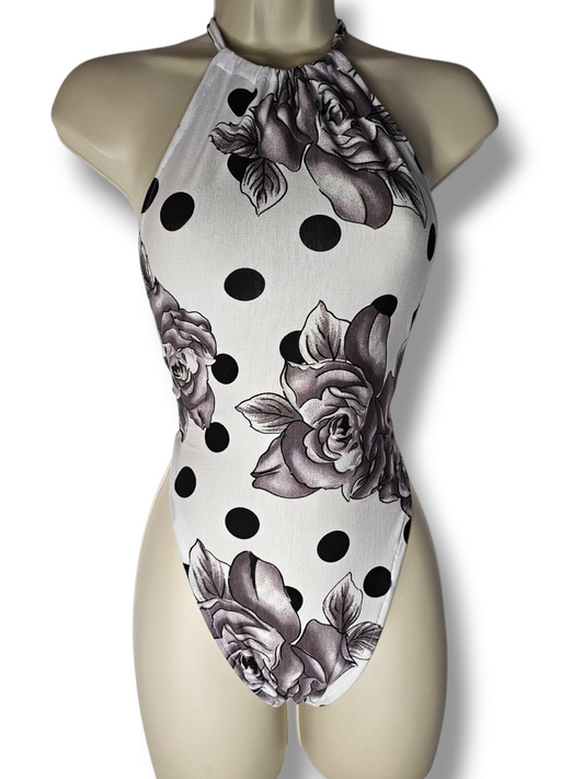 Rose & Polka-dot White Halterneck Bodysuit