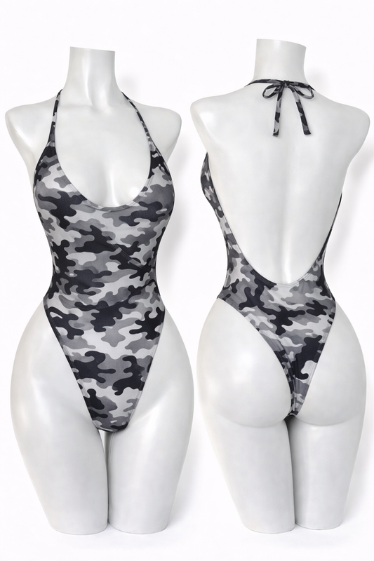 Grey Camo Plunge Thong Bodysuit